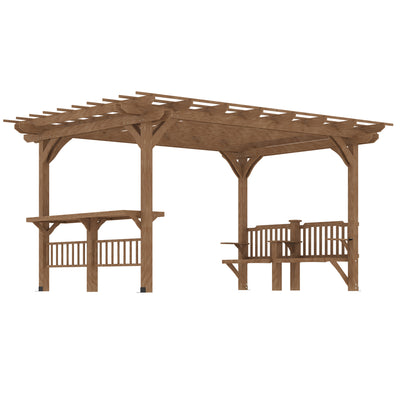 14' x 10' Outdoor Pergola, Wooden Gazebo Grill Canopy with Bar Counters and Seating Benches, forÂ Garden,Â Patio,Â Backyard, Deck