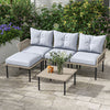 5-Piece Rattan Patio Furniture Set with Sofa, Chaise Lounge, Coffee Table, Footstools, Cushions, Light Gray