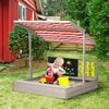 Kids Wooden Sandbox with Adjustable Canopy, Bench Seats, Ground Liner, 45x45in Outdoor Sand Box for Backyard, Lawn, Garden, Gray