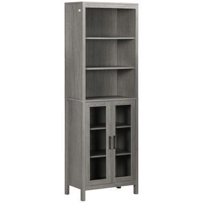 Tall Bathroom Storage Cabinet with 3 Tier Shelf, Glass Door Cupboard, Freestanding Linen Tower with Adjustable Shelves, Grey Wood Grain