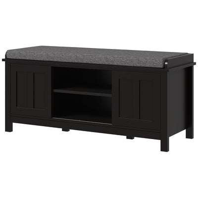 Modern Shoe Storage Bench, Entry Way Bench with Cushion, 2 Sliding Doors, Storage Ottoman Bench, Holds 10 Pairs, Black