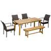 Outdoor Dining Set, Patio Table and Chairs Set of 6, PE Wicker Seats, Armrests, Acacia Wood Loveseat Bench & Dinner Table, Cushions, White