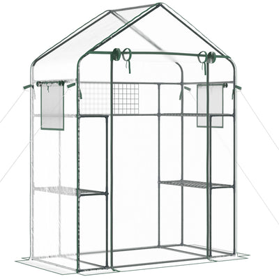 Walk-in Small Greenhouse with Mesh Door & Windows, Portable Garden Hot House with 3 Tier Shelving, Trellis, and Plant Labels