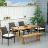 Outdoor Dining Set, Patio Table and Chairs Set of 6, PE Wicker Seats, Armrests, Acacia Wood Loveseat Bench & Dinner Table, Cushions, White