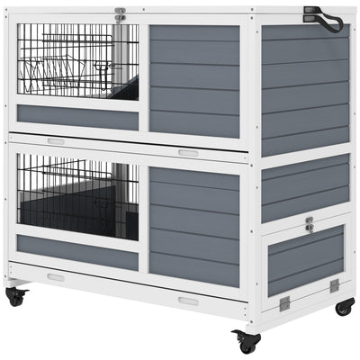2-Tier Indoor Rabbit Hutch, Rabbit Cage Bunny House with Wheels & Feeding Trough, Pet Habitat for Small Animals, Gray