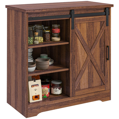 Farmhouse Kitchen Sideboard Buffet Cabinet, Coffee Bar Cabinet with Sliding Barn Door & Adjustable Shelf, Brown