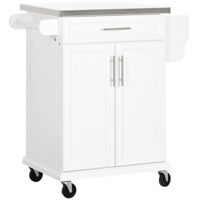 Kitchen Cart on Wheels, Rolling Kitchen Cart with Stainless Steel Countertop, Drawer, Towel Rack & Spice Rack, White
