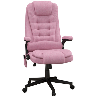 6 Point Vibrating Heated Massage Office Chair, Linen High Back Office Desk Chair, Reclining Backrest, Padded Armrests & Remote, Pink