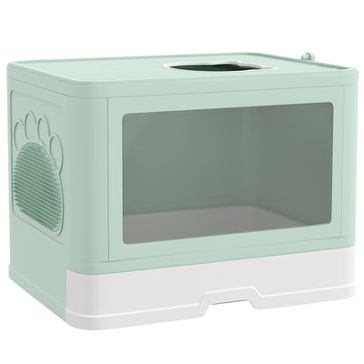 Front Entry Top Exit Kitty Litter Box Odor Control w/ Scoop, Pull-out Tray, Easy to Clean, Brush, Green