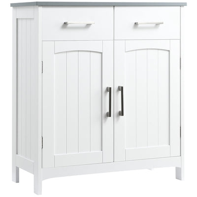 Bathroom Floor Cabinet, Freestanding Linen Cabinet, Storage Cupboard with 2 Drawers, Double Doors, Adjustable Shelf, White