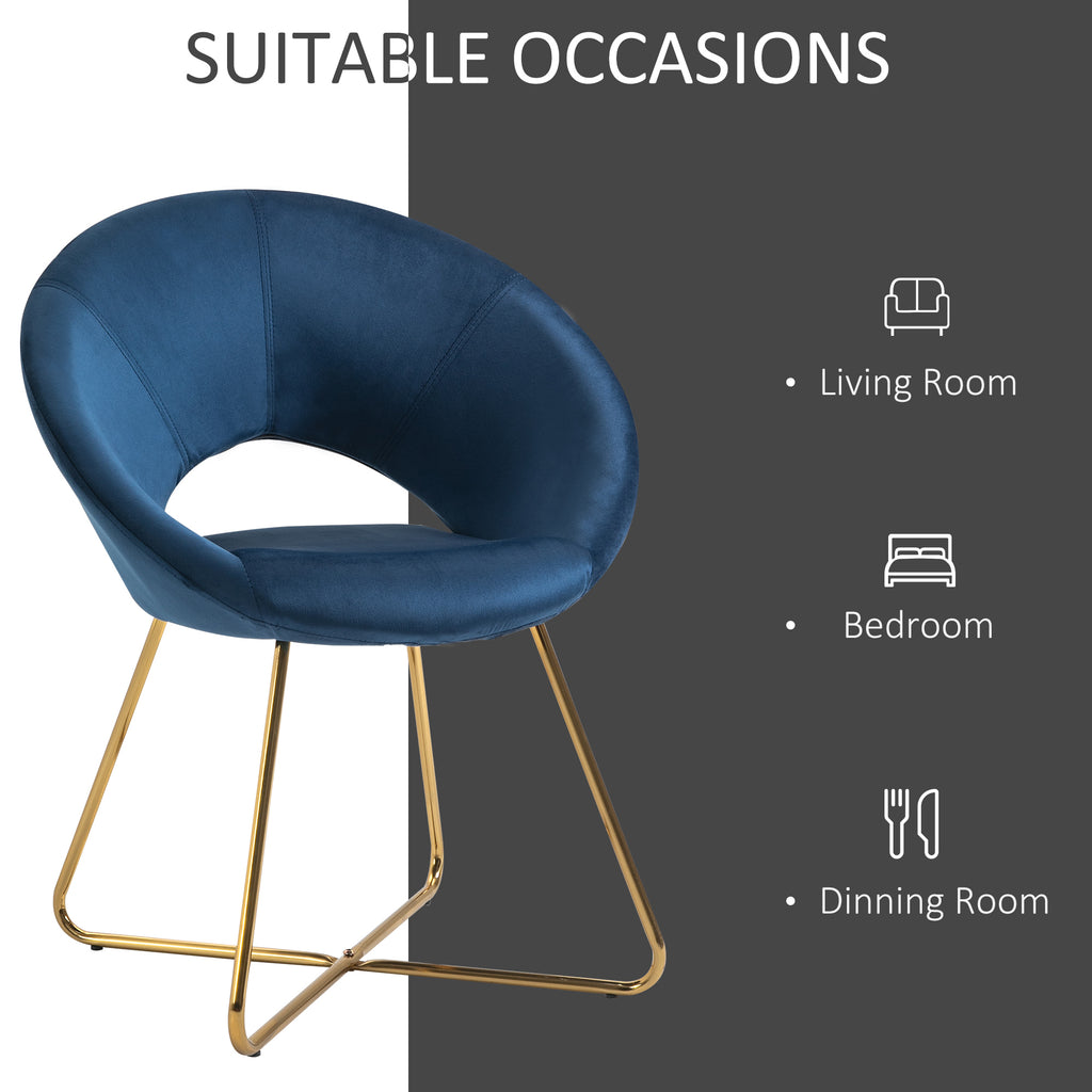 Modern Accent Velvet Chair Open Curved Mid-Back Upholstered Vanity Chair with Gold Plating Metal Legs for Living Room/Office/Reception, Blue