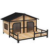 59"x64"x39" Large Wooden Dog House Raised Weatherproof Rustic Log Cabin Style Elevated Pet Shelter Porch Deck, Natural