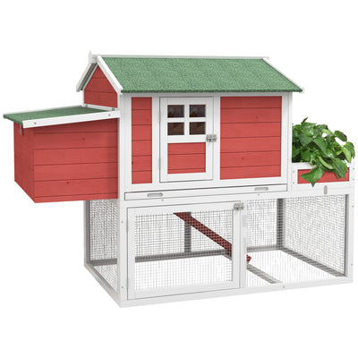 Wooden Chicken Coop Hen House Poultry Cage for Outdoor Backyard with Raised Garden Bed, Run Area, Nesting Box and Removable Tray, White/Red