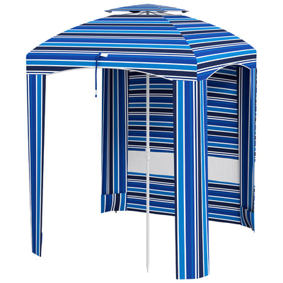 5.8' x 5.8' Cabana Umbrella for Travel, Vented Windows, Ruffles, Carry Bag, Outdoor Umbrella, Blue Strip
