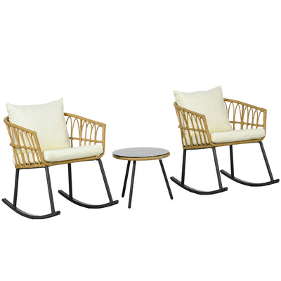3-Piece Patio Rocking Chair Set with Cushions, Outdoor PE Rattan Wicker Bistro Set with 2 Rocker Chairs, Patio Conversation Set, Cream White