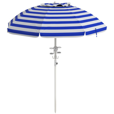 5.7' Beach Umbrella for Travel with Tilt, Adjustable Height, 2 Cup Holders, Hook, Vent, Ruffles, Blue White Stripe