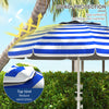 5.7' Beach Umbrella for Travel with Tilt, Adjustable Height, 2 Cup Holders, Hook, Vent, Ruffles, Blue White Stripe