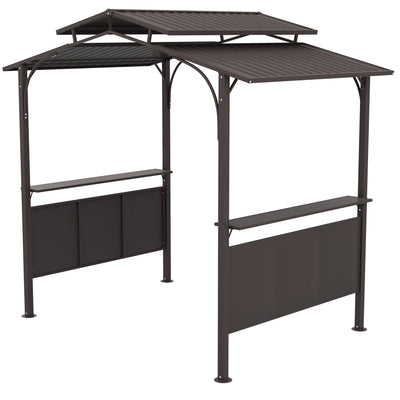 8' x 5' BBQ Grill Gazebo, Outdoor Double Tiered Interlaced Polycarbonate Roof with Steel Frame & 2 Side Shelves, Brown