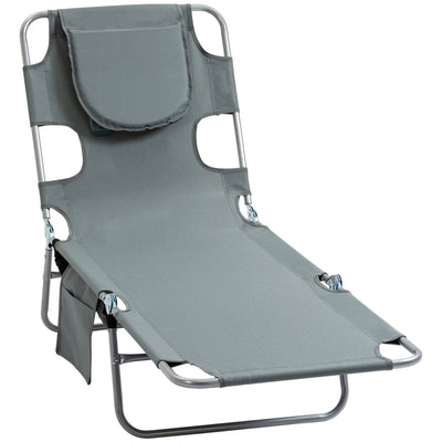 Folding Outdoor Chaise Lounge Sun Tanning Chair with Face Cavity, Pillow, 5-level Adjustable for Beach Pool, Gray