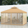10' x 12' Patio Gazebo with Corner Frame Shelves, Double Roof Outdoor Gazebo Canopy Shelter with Netting, Brown