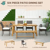 Outdoor Dining Set, Patio Table and Chairs Set of 6, PE Wicker Seats, Armrests, Acacia Wood Loveseat Bench & Dinner Table, Cushions, White