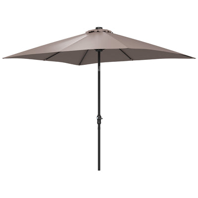 9' x 7' Outdoor Patio Solar Umbrella with Crank, Solar LED Lights, Tilting, Push-Button for Deck, Pool and Lawn, Tan