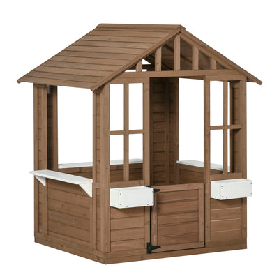 Kids Wooden Playhouse, Outdoor Garden Games Cottage, with Working Door, Windows, Flowers Pot Holder, 47