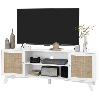 TV Stand Cabinet for 65-Inch, TV Table with 2 Rattan Doors, Television Stand with Adjustable Shelves and Cable Holes