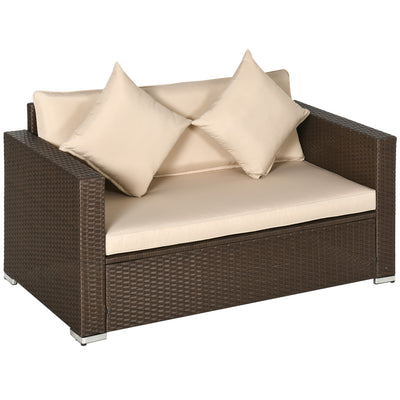 Outdoor Wicker Loveseat, Patio Furniture Couch with Cushions, 2 Seats PE Rattan Sofa, 2 Throw Pillows for Beige