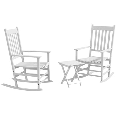 Wooden Rocking Chair Set w/ Foldable Side Table, Outdoor Rocker Chairs w/ Curved Armrests, Slatted Top Table, Supports Up to 352 lbs., White