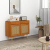 Kitchen Storage Cabinet, Garage Cabinets with 3 Rattan Doors and Adjustable Shelf, Boho Accent Cabinet for Living Room, Light Brown