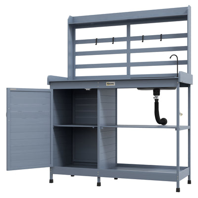Wooden Potting Bench with Storage, Sink, Water Tap for Backyard, Patio, Balcony, Gray