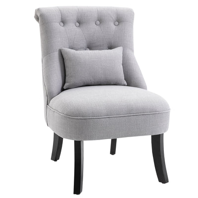 Small Tufted Button Accent Chair, Mid-Back Armchair with Upholstered Fabric, Solid Wood Legs, and Support Pillow, Gray