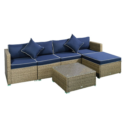6 Pieces Outdoor PE Rattan Sofa Set, Sectional Conversation Wicker Patio Couch Furniture Set with Cushions and Coffee Table, Navy Blue