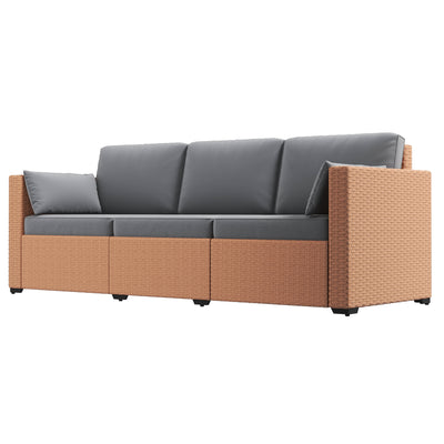 Wicker Patio Couch, PE Rattan 3-Seat Sofa, Outdoor Furniture with Deep Seating, Cushions, Steel Frame, Gray, Sand