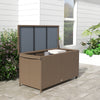 83 Gallon Deck Box, Outdoor Storage Chest, PE Wicker Trunk for Outside on Wheels for Garden Tools, Pool Toys & Patio Furniture Cushion, Brown