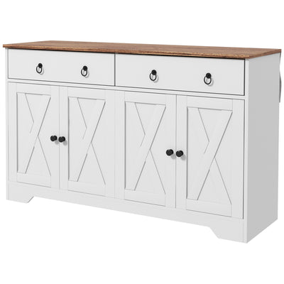 Sideboard Buffet with 2 Drawers, 4 Barn Doors and 2 Adjustable Shelves, Kitchen Buffet Cabinet for Living Room, White