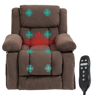 Overstuffed Power Lift Recliner Chair with Vibration Massage and Heat, Side Pockets, Pocket Spring for Comfort-Seeking Adults – Brown