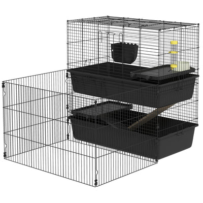 Small Animal Cage with Playpen, Multi-level Pet Habitat Indoor for Guinea Pigs Hedgehogs Bunnies with Water Bottle, Food Dish & Feeding Trough