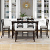 Counter Height 6-Piece Dining Table Set with Storage Shelf, Long Bench, and Upholstered Chairs, Espresso