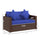 Wicker Loveseat, Patio Furniture Couch with Cushions, 2 Seats PE Rattan Sofa, 2 Throw Pillows, Dark Blue
