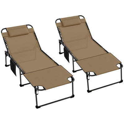 2 Piece Folding Chaise Lounge Pool Chairs with 5-level Reclining Back, Reading Hole, Side Pocket, Beige