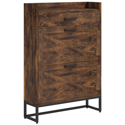 Slim Shoe Storage Cabinet, Shoes Cabinet Organizer with 2 Flip Drawers, Adjustable Shelves for 12 Pair, Rustic Brown