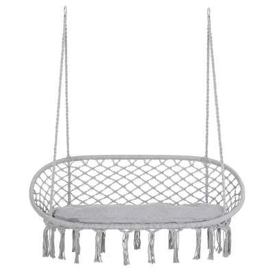 Hanging Hammock Chair Cotton Rope Porch Swing with Metal Frame and Cushion, Large Macrame Seat for Patio, Garden, Light Grey