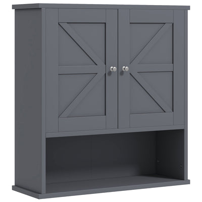 Farmhouse Bathroom Wall Cabinet, Wall Mounted Medicine Cabinet with Barn Doors and Adjustable Shelf for Laundry Room, Gray