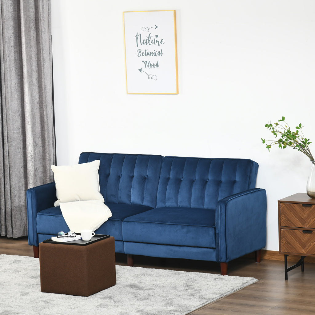 Convertible Sofa Sleeper Chair with Split Back Design Recline, Thick Padded Velvet-Touch Cushion Seating and Wood Legs, Blue