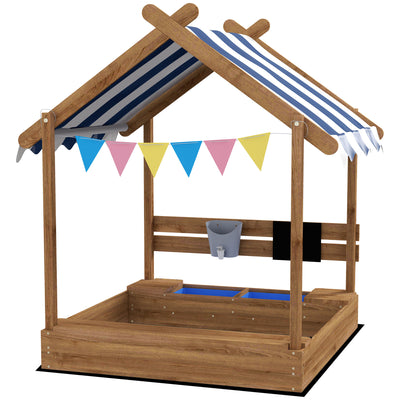 Wooden Sandbox with Canopy, House Design for 3-7 Years Old, Brown