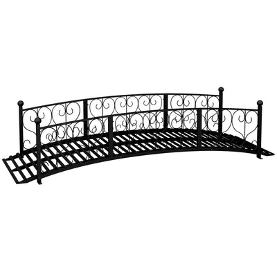 7' Metal Arch Garden Bridge Arc Footbridge with Side Railings Decorative Scrollwork, Black