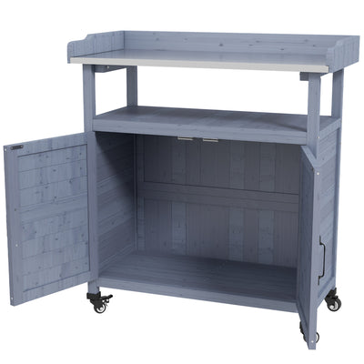 Outdoor Wooden Potting Bench with Storage Cabinet, Aluminum Table Top, Rubber Wheels for Backyard, Patio, Balcony, Gray