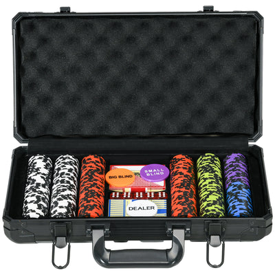 300PCs 14 Gram Clay Poker Chips Set Casino Poker Chips with Aluminum Case, Playing Cards, Dealer Button, 5 Dices